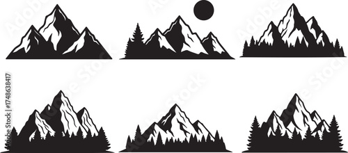 Mountain Silhouette Vector Set with Pine Trees and Snowy Peaks – Nature and Wilderness 