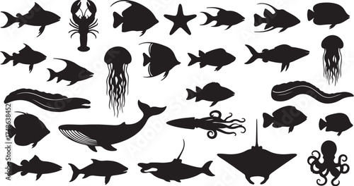 Sea Life Silhouette Vector Set – Marine Animals, Fish, and Ocean Creatures Clipart Collection