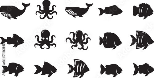 Sea Life Silhouette Vector Set – Marine Animals, Fish, and Ocean Creatures Clipart Collection