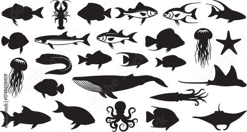 Sea Life Silhouette Vector Set – Marine Animals, Fish, and Ocean Creatures Clipart Collection.
