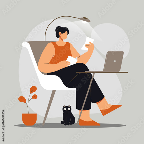 Girl Working on Laptop from Home with Cat - Stock Illustration