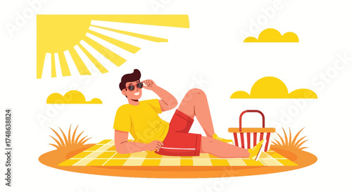 Relaxing Man Enjoying Sunny Day On His Picnic Blanket With Sun And Basket