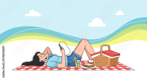 Relaxing Picnic Experience: A Young Woman Enjoys Music And Summer Sunshine