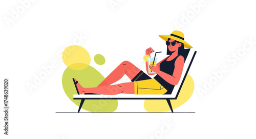 Relaxing Summer Day: Woman With Lemonade Lounging Under The Sun and Enjoying Vacation
