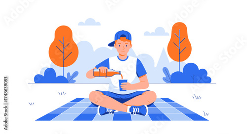 Relaxing With Juice: Enjoying A Picnic With A Refreshing Drink On A Sunny Day