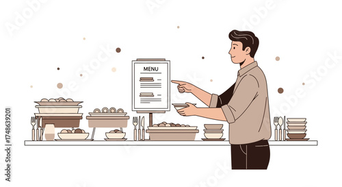 Restaurant Guest Selecting Food From The Buffet While Studying The Menu Board Vector