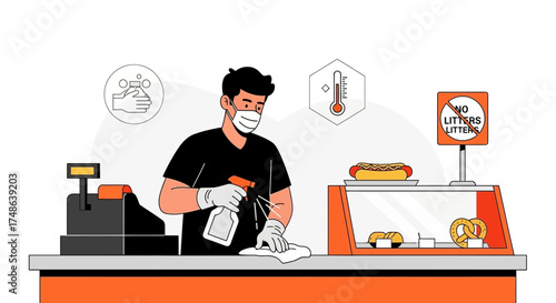 Restaurant Employee Sanitizes Counter, Promoting Safety and Hygiene During Pandemic Conditions