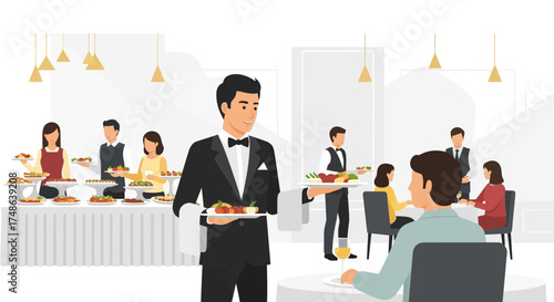 Restaurant Scene: Guests Enjoying Dinner, Served by Attentive Elegant Servers, Bright Lighting.