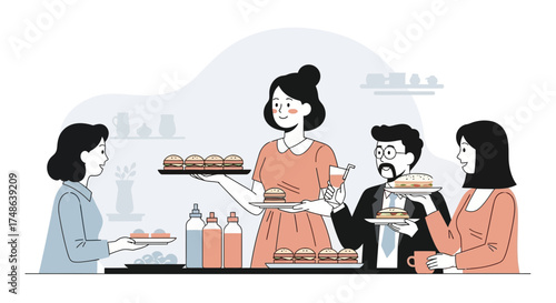 Restaurant Scene Featuring Various Individuals Gathering and Serving Cuisine Together