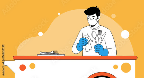 Restaurant Worker Performing Hygiene on Cutlery for Healthy, Safe Dining Experience