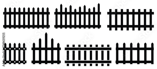 Wooden Picket Fence Icon Set – Classic Garden Fencing Silhouette, Rustic Security Barrier,
 Simple Vector Illustration