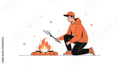 Roasting Marshmallows By The Fire, A Camping Scene Portraying Adventure, And Relaxation