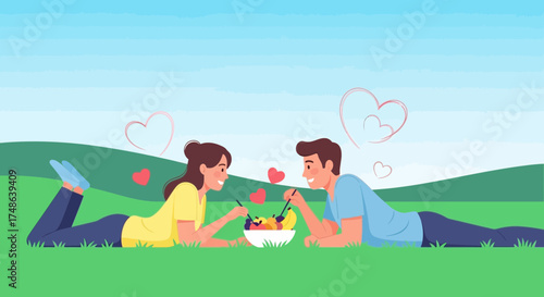Romantic Couple Sharing Fruit Together On Green Meadow Surrounded With Love Hearts
