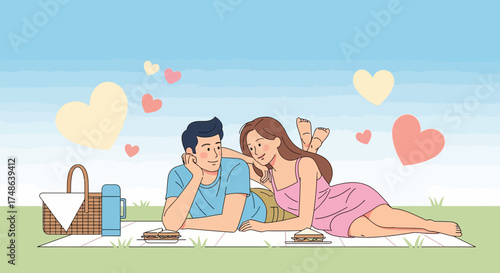 Romantic Couple Joyfully Enjoying Picnic Date Outdoors With Loving Hearts Floating Around