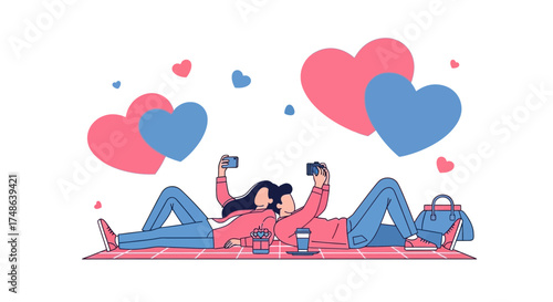 Romantic couple taking photos and celebrating love with hearts illustration design