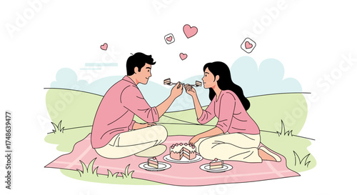 Romantic Moment Of Couple Sharing Cake On Picnic In Scenic Green Setting