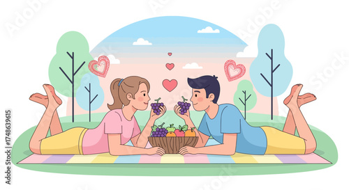 Romantic picnic scene for couple enjoying fruits and love in a beautiful garden together