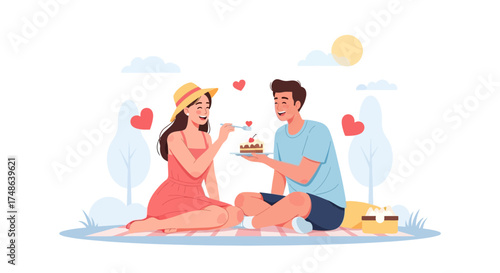 Romantic picnic scene of a happy couple sharing cake on a sunny day enjoying love