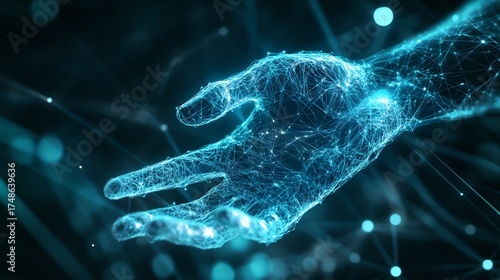 Abstract glowing blue hand reaching out in digital network