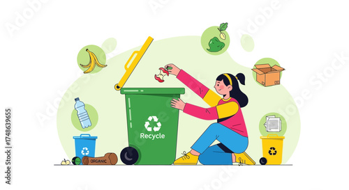 Recycling Illustration: A Woman Disposing Food Waste in Recycling Bins for Environment Protection