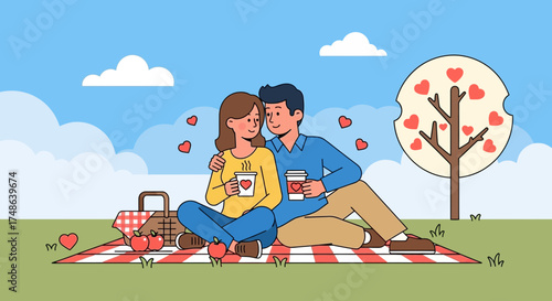 Romantic picnic scene with a couple in love, relaxing outdoors with coffee and hearts