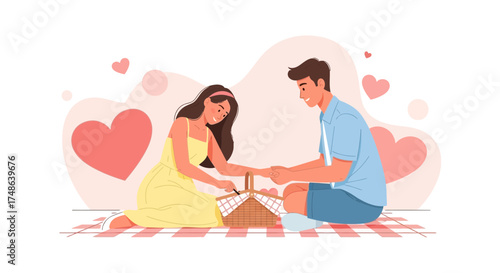 Romantic picnic scene with a couple opening a basket with hearts on background in illustration