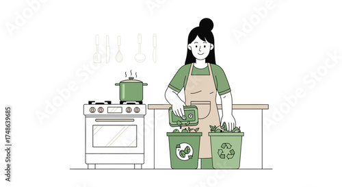 Recycling In The Kitchen: A Person Disposes Waste Into Green Containers, Sustainable Lifestyle