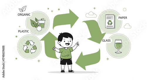 Recycling illustration featuring a child showing the different materials in the process no commas