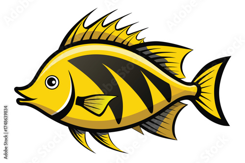 Bright yellow fish with black stripes and spiky fins on a white background marine ocean