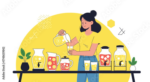Refreshing Lemonade Preparation And Service: A Vibrant Illustration Of Summer Delights