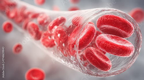 Illustration of red blood cells. vessel with flowing erythrocytes
