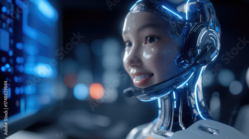 AI Agent Customer Support. Smart call center solutions AI where artificial intelligence optimizes service, Virtual assistants for customer service. Humanoid Ai bot put on the Call Center Headset. 
