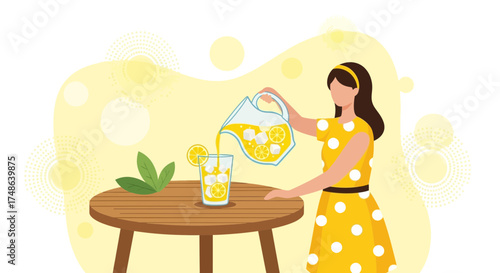Refreshing Summer Scene: Lemonade Being Poured into a Glass On a Wooden Table