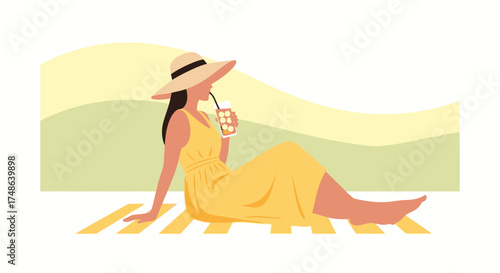 Relaxation And Enjoyment Of A Woman Sitting With A Drink In The Summer Time