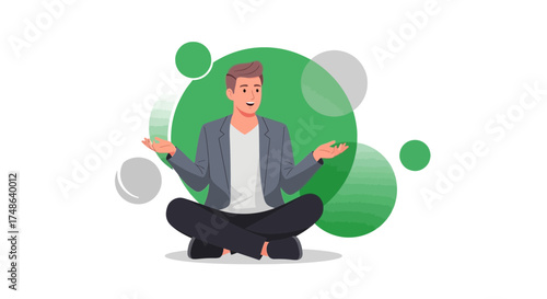 Relaxed Businessman Meditating In Lotus Position With Abstract Background Elements