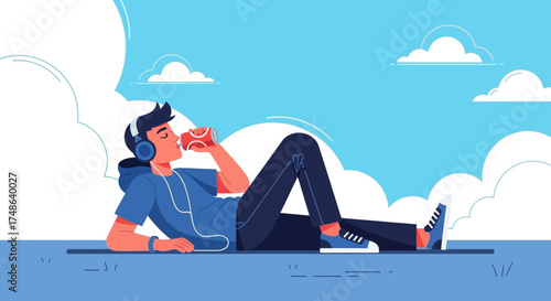 Relaxed Individual Appreciating Music And Refreshment On A Sunny, Cloud Filled Day