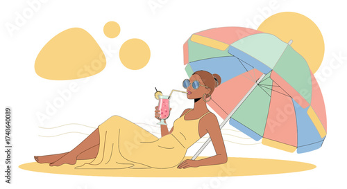 Relaxed Lady Enjoying Cocktail Under Umbrella on Sunny Beach in a Peaceful Scenic Setting