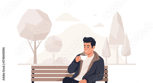 Relaxed Man Consuming Hot Beverage on Park Bench Amidst Scenic Daydreaming Atmosphere