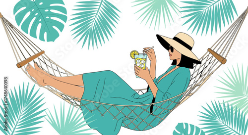 Relaxed Lady Reclining in Hammock with Refreshing Drink, Enjoying Tropical Paradise