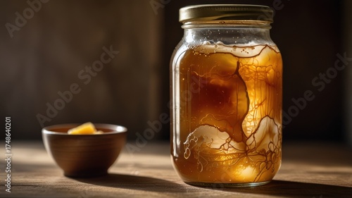 Organic SCOBY in Glass Jar, Golden Fermentation Liquid and Honey Tones, Rustic Lifestyle Scene