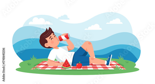 Relaxed Person Enjoying A Refreshing Drink On A Picnic Blanket In The Outdoors