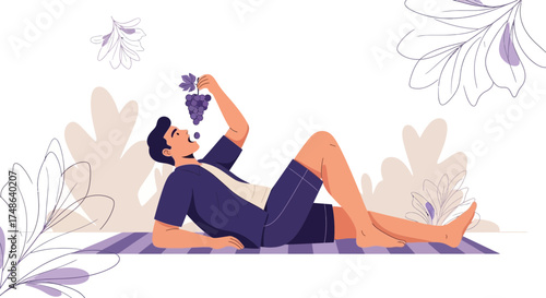 Relaxed Person Eating Grapes While Lying Down On The Ground, Peaceful And Calm Scene