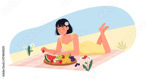 Relaxed Summer Day: A Woman Enjoys A Picnic with Fresh Fruits in a Sunny Setting