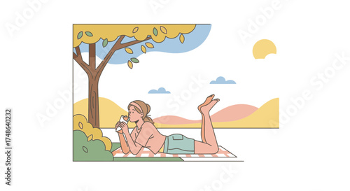 Relaxed Woman Enjoying Beverage Under Tree in Sunny Day with Peaceful Environment Alone