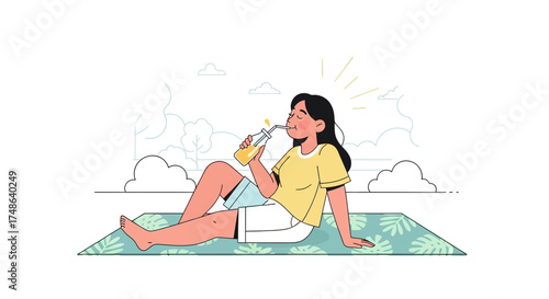 Relaxed Woman Drinks Juice While Lounging Outdoor on Sunny Day and Enjoy Refreshment