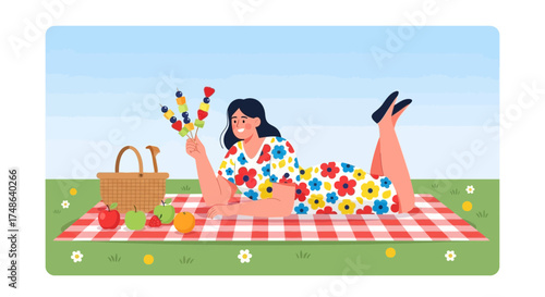 Relaxed Woman Enjoying Picnic With Fruit Skewers And A Basket On A Sunny Day