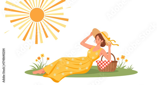 Relaxed Woman Enjoying Sunny Day Wearing Hat While Picnicking Outdoors In Nature