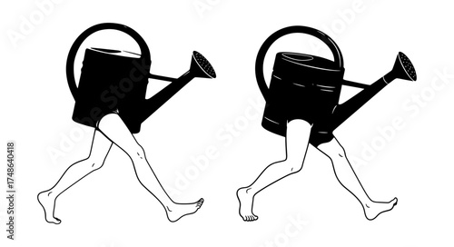 Vector art of two watering cans with legs are running, a whimsical and surreal illustration