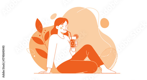 Relaxing And Refreshing Moment Illustration: A Woman Enjoying A Citrus Drink