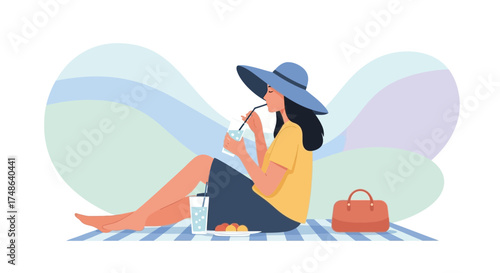 Relaxing Afternoon: Woman Sipping Water, Picnic Basket, and Hat on a Sunny Day